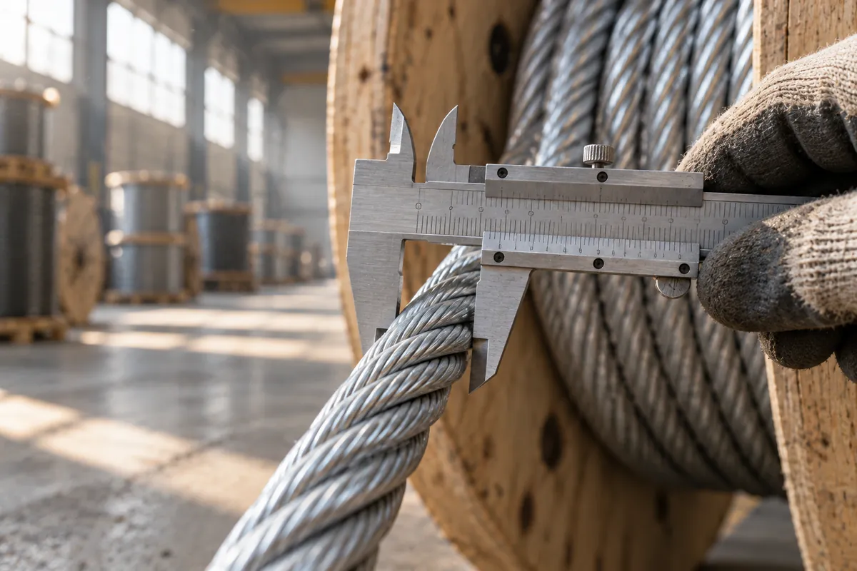 Wire rope diameter measured with a caliper as it leaves the reel